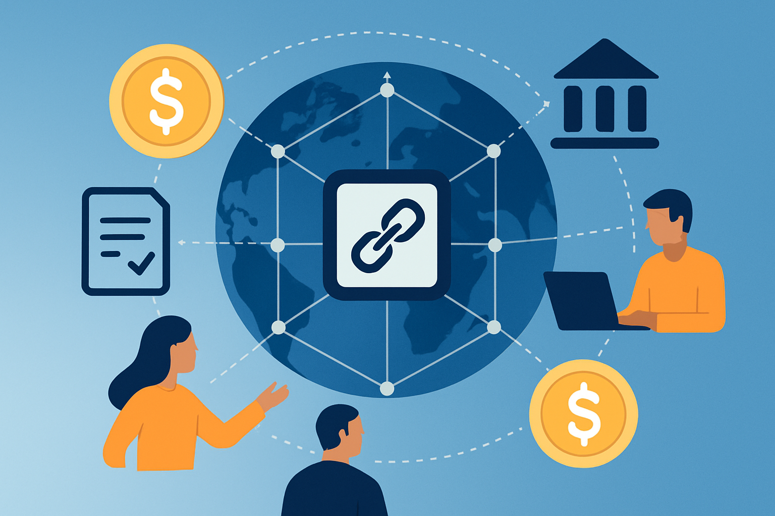 An illustrative graphic showing the decentralized finance ecosystem, highlighting blockchain, smart contracts, and peer-to-peer user interactions.
