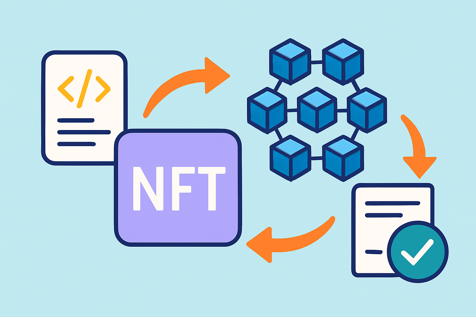 Visual representation of how NFTs are minted, stored, transferred, and verified on blockchain technology.