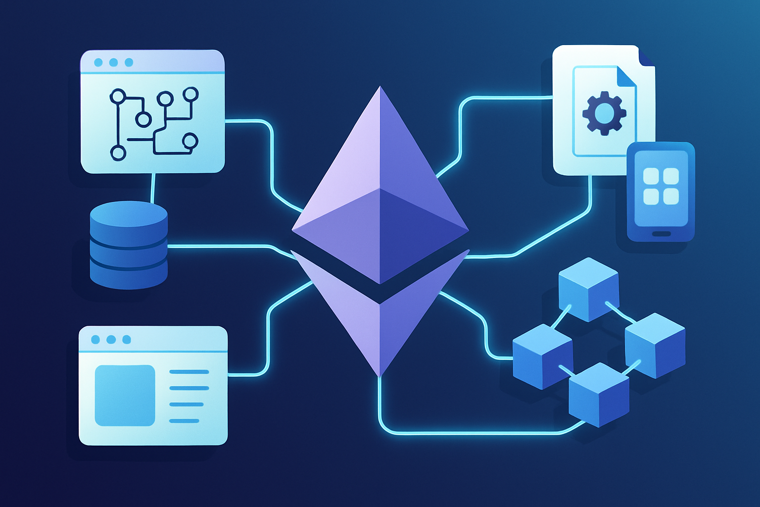 Visualization of Ethereum’s interconnected decentralized applications and smart contracts creating a global blockchain ecosystem
