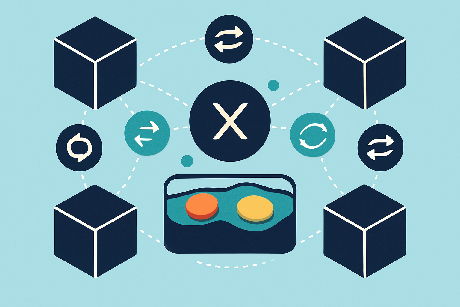 Diagram illustrating how THORChain connects multiple blockchains through decentralized nodes and liquidity pools enabling native asset swaps