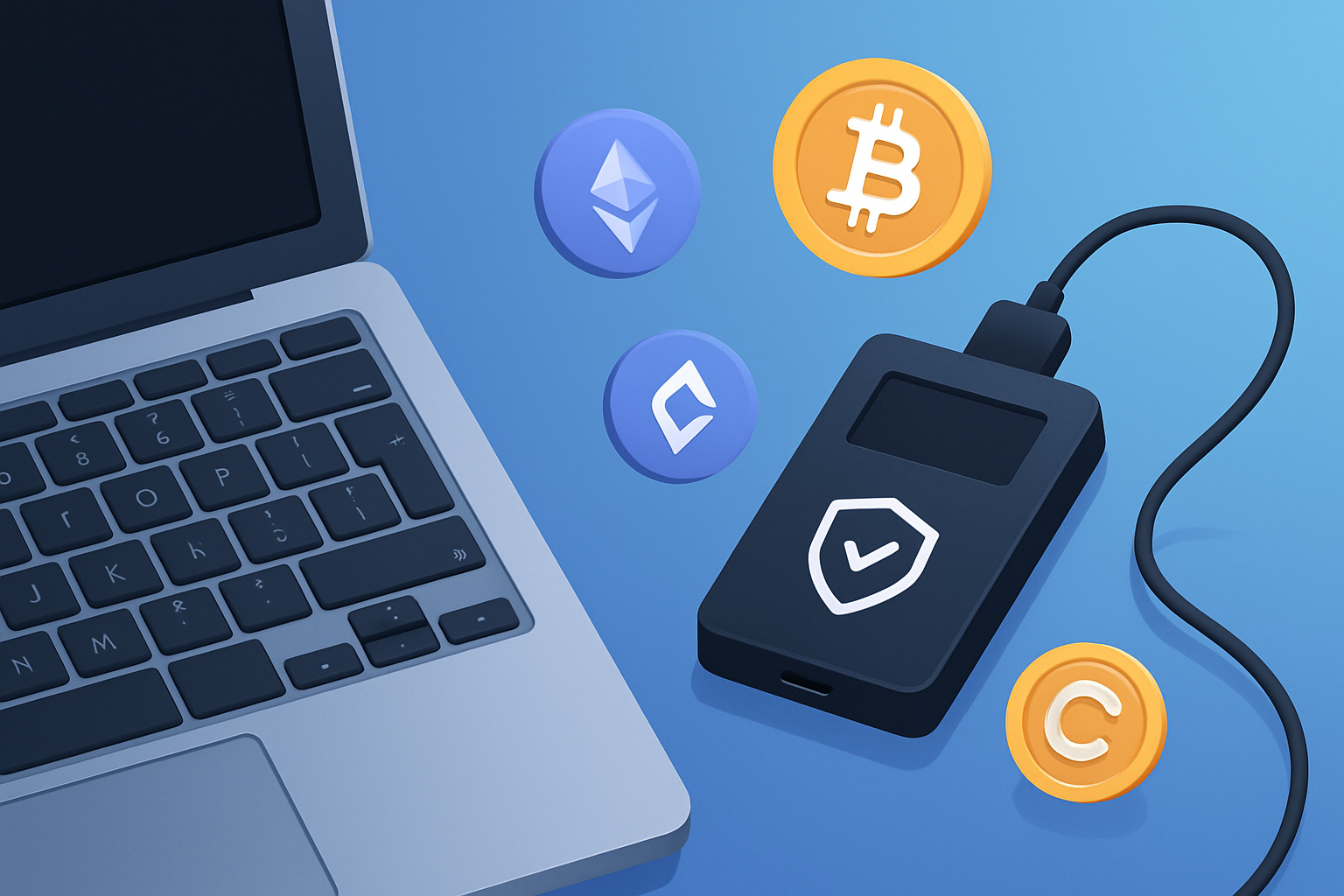 A modern crypto hardware wallet connected to a computer, representing secure offline storage of cryptocurrency private keys