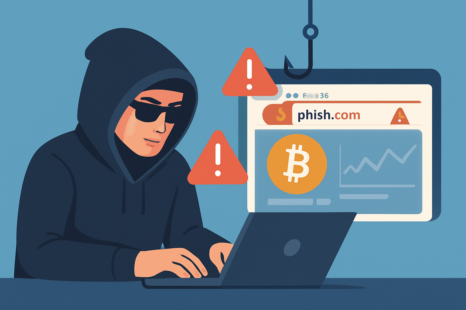 Illustration showing a phishing website designed to look like a legitimate crypto exchange, warning users to check URLs carefully.