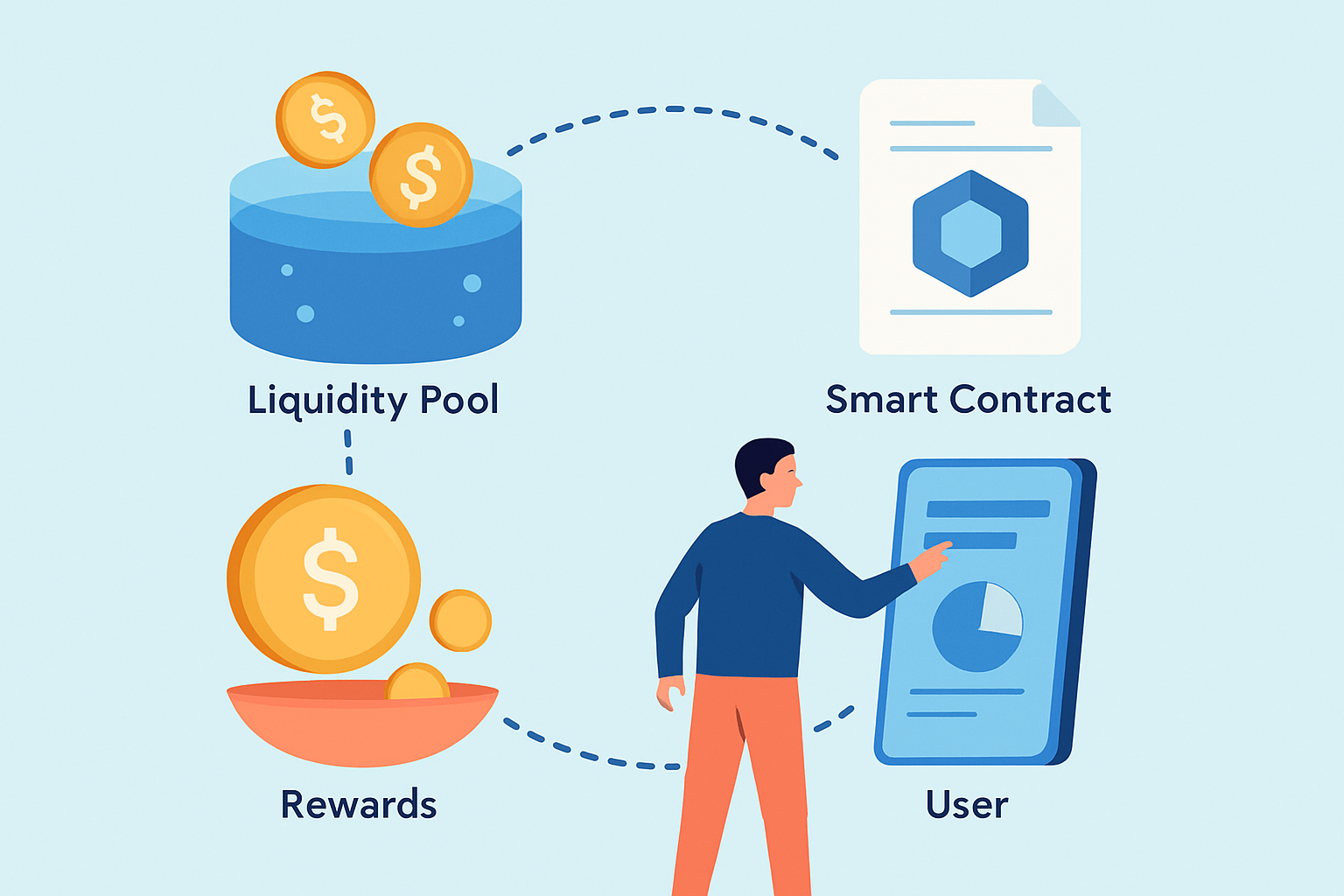 Visualization of how liquidity providers deposit assets into pools and earn rewards through smart contracts.