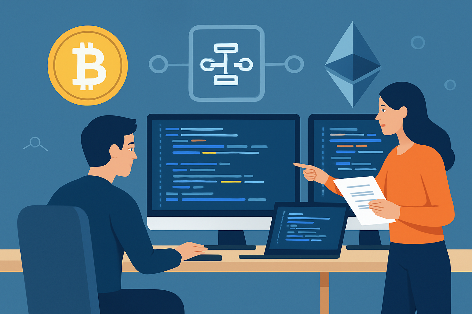 Developers conducting a smart contract security audit highlighting vigilance and detail.