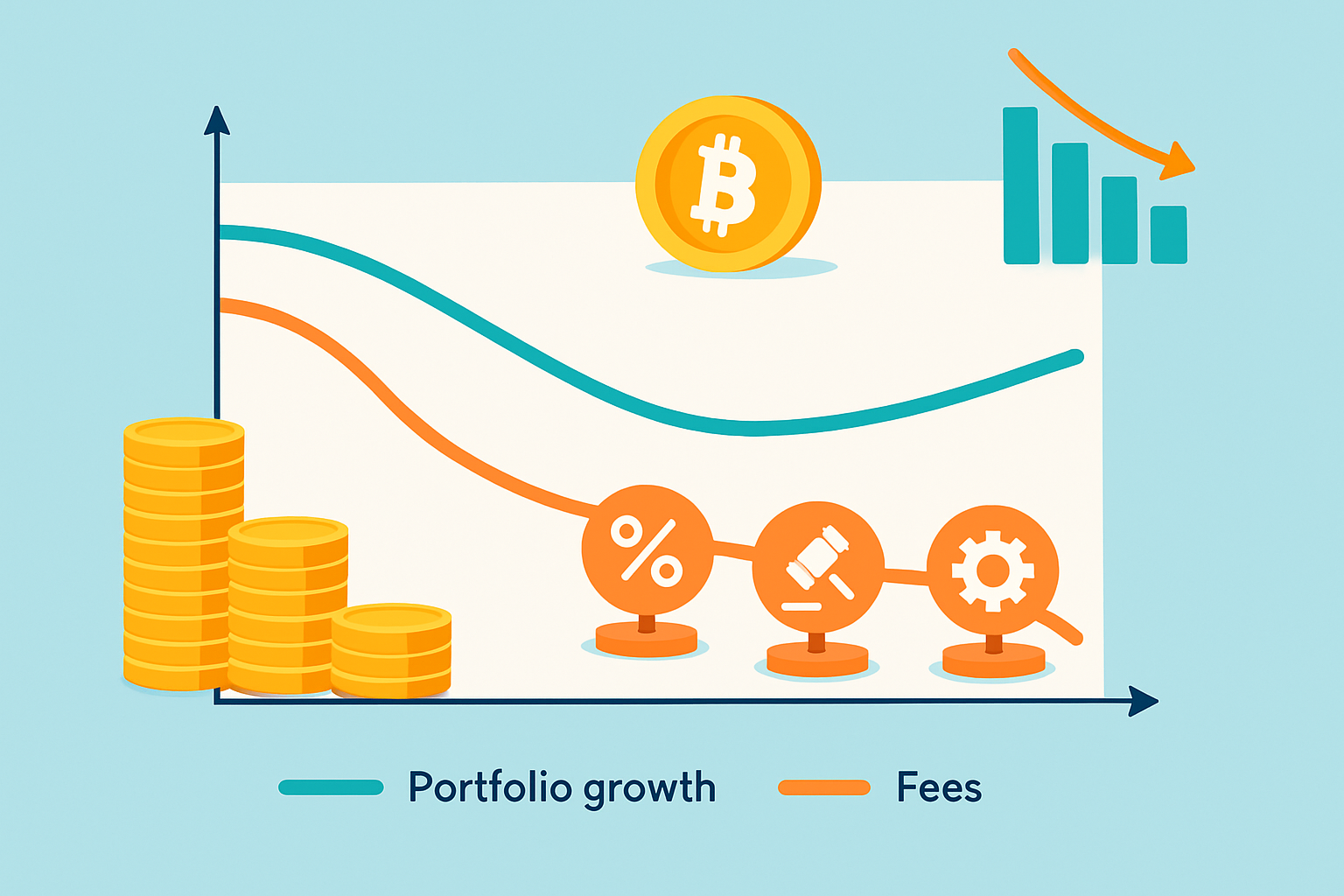 Illustration showing how trading fees accumulate over time and impact profitability, reinforcing the importance of choosing low-fee exchanges