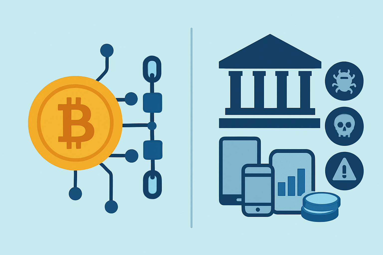 Illustration comparing Bitcoin blockchain security architecture versus stablecoin technical ecosystem and risk points