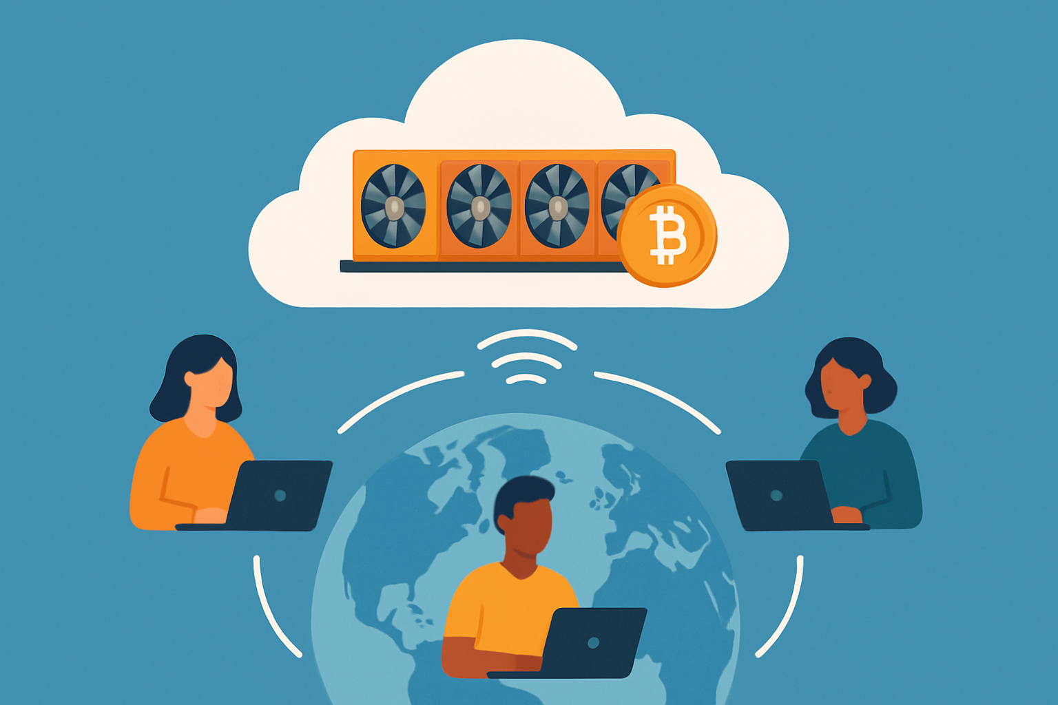 Visual representation of cloud mining with remote mining facilities connected globally, highlighting convenience and accessibility.