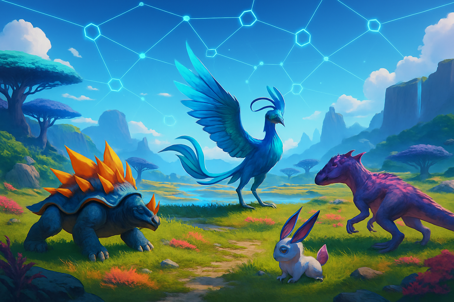 An artistic visualization of Illuvium’s open-world environment featuring collectible Illuvials emphasizing the NFT gaming experience.
