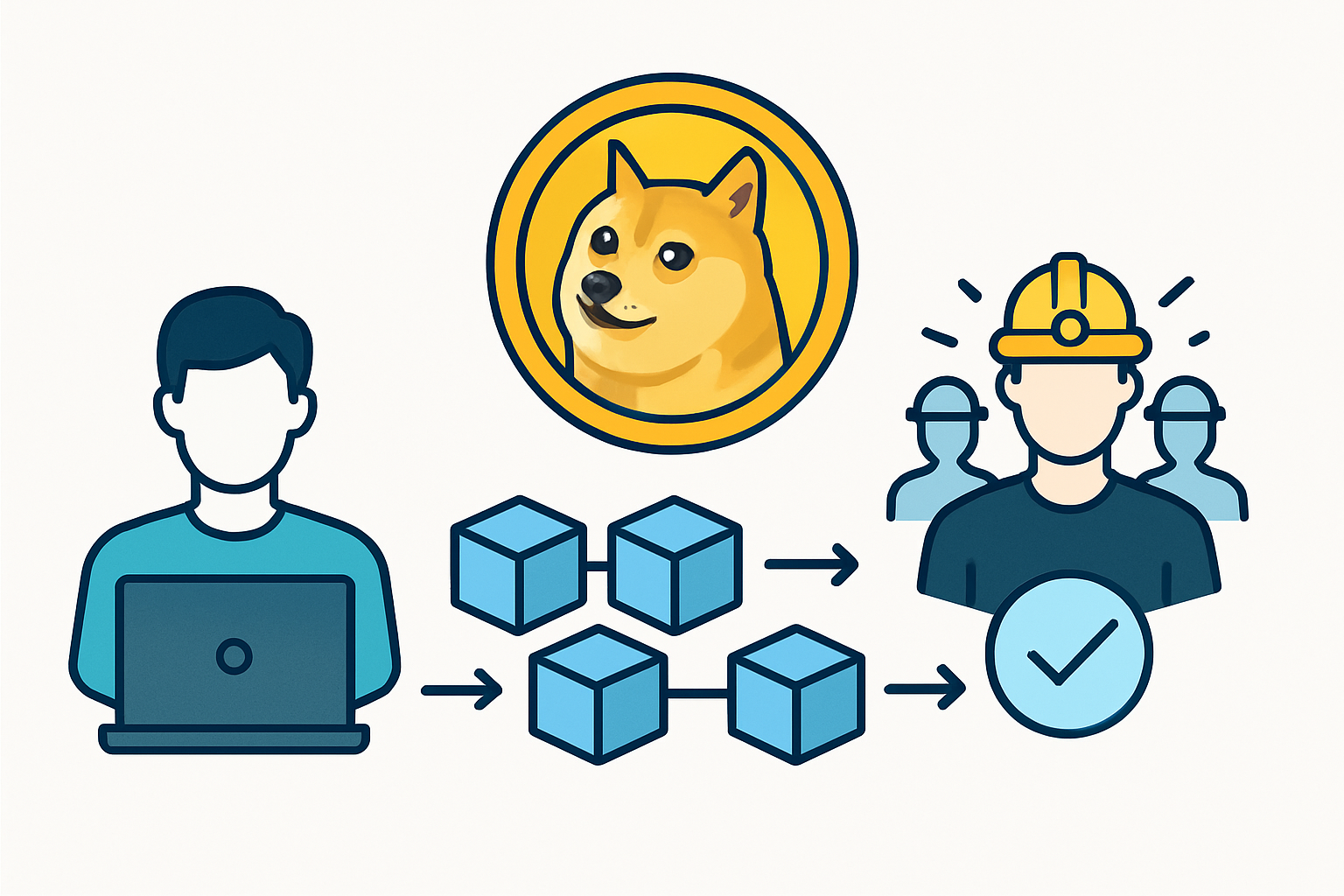 Illustration depicting the Dogecoin transaction flow from user sending to block confirmation by miners on the blockchain