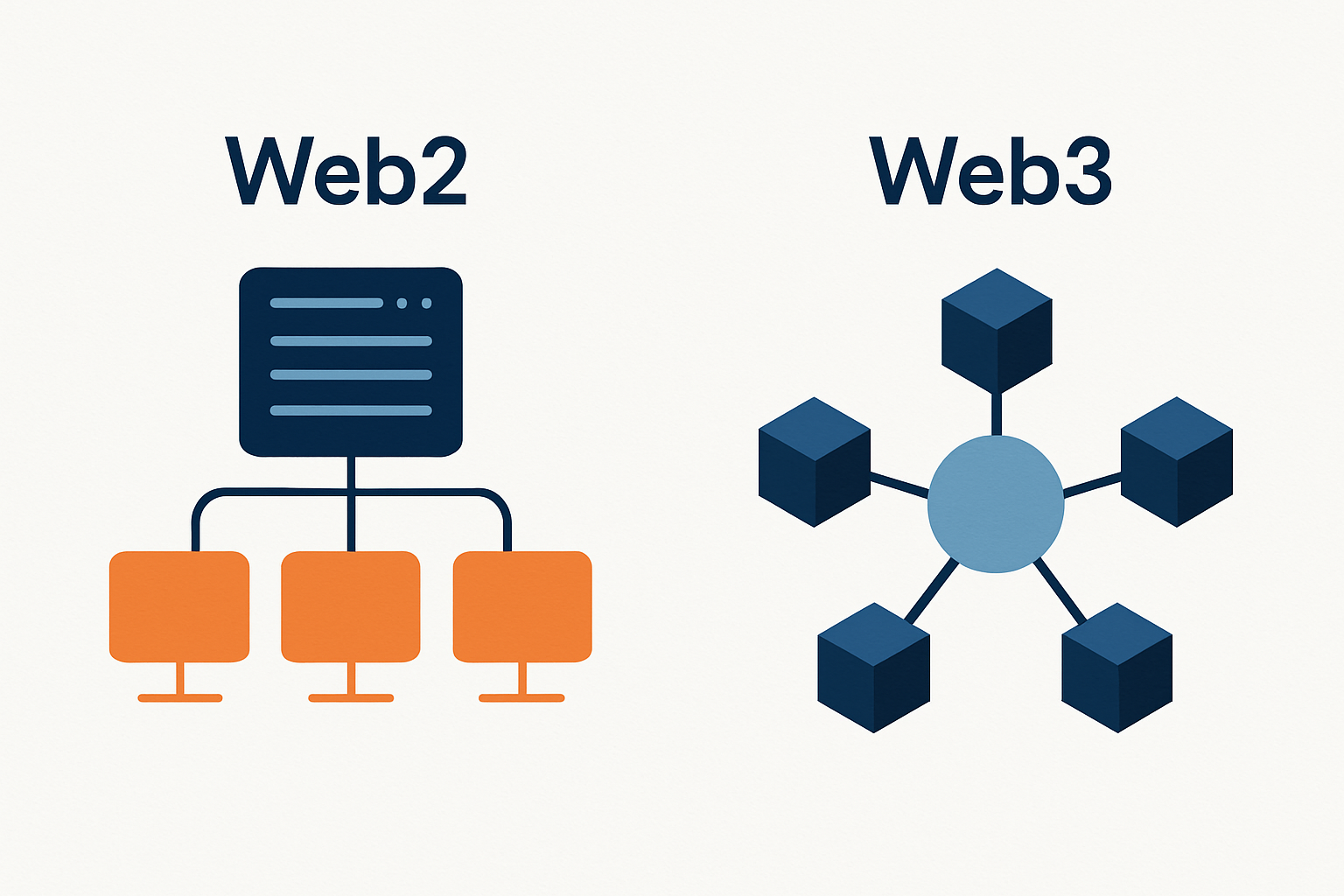 Comparison graphic illustrating core differences between Web2 and Web3 architectures