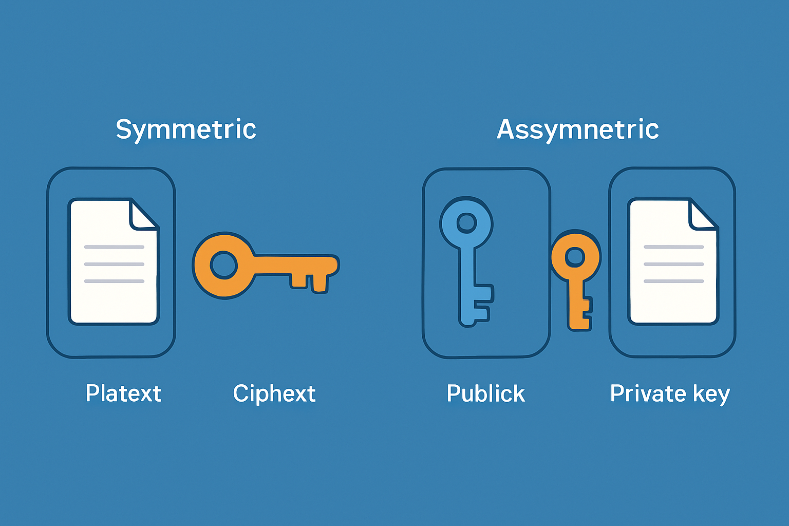 Visual comparison of symmetric encryption using one secret key and public key cryptography using a public-private key pair.