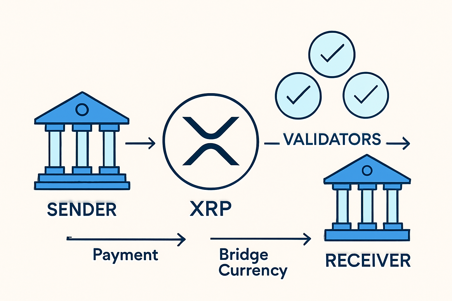 Diagram illustrating the Ripple payment flow from sender to receiver, highlighting XRP’s role as a bridge currency.