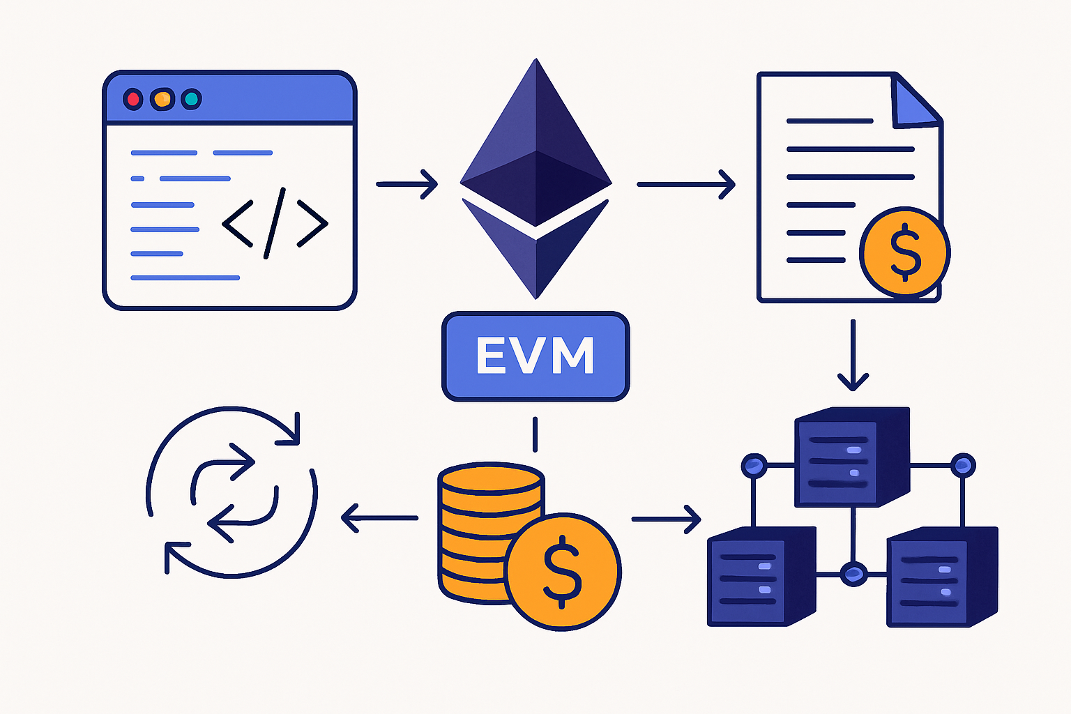 A detailed diagram illustrating the lifecycle of an Ethereum smart contract, showcasing components like EVM, gas fees, deployment, and transaction flow.
