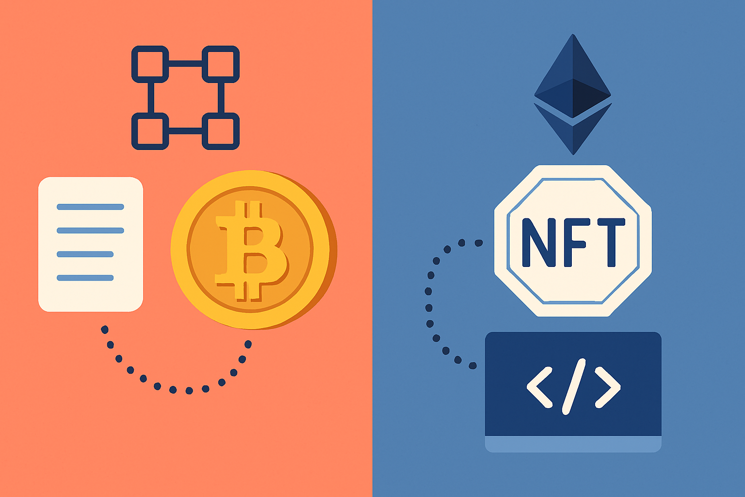 Visual graphic illustrating the inscription of data onto satoshis compared to NFTs on a smart contract blockchain