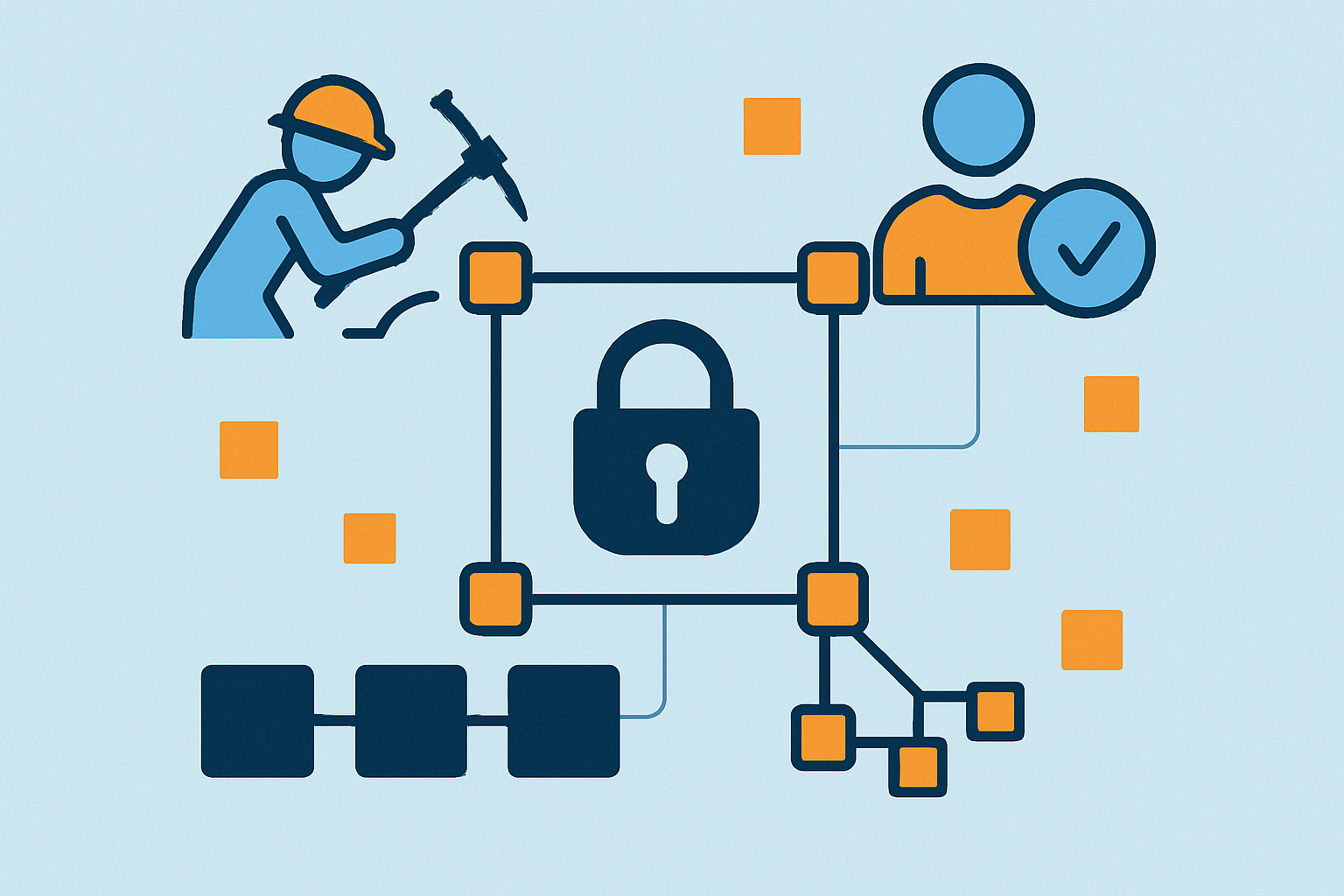 Diagram illustrating consensus processes like Proof of Work and Proof of Stake securing decentralized finance networks