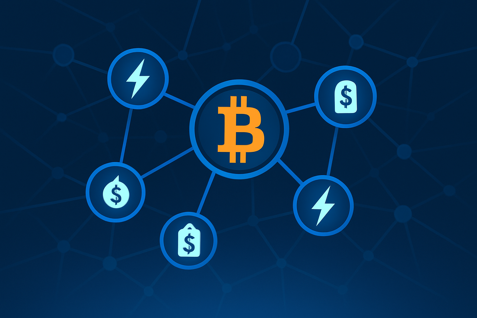 Visual representation of Bitcoin Lightning Network nodes and fee interactions symbolizing fast, low-cost transactions