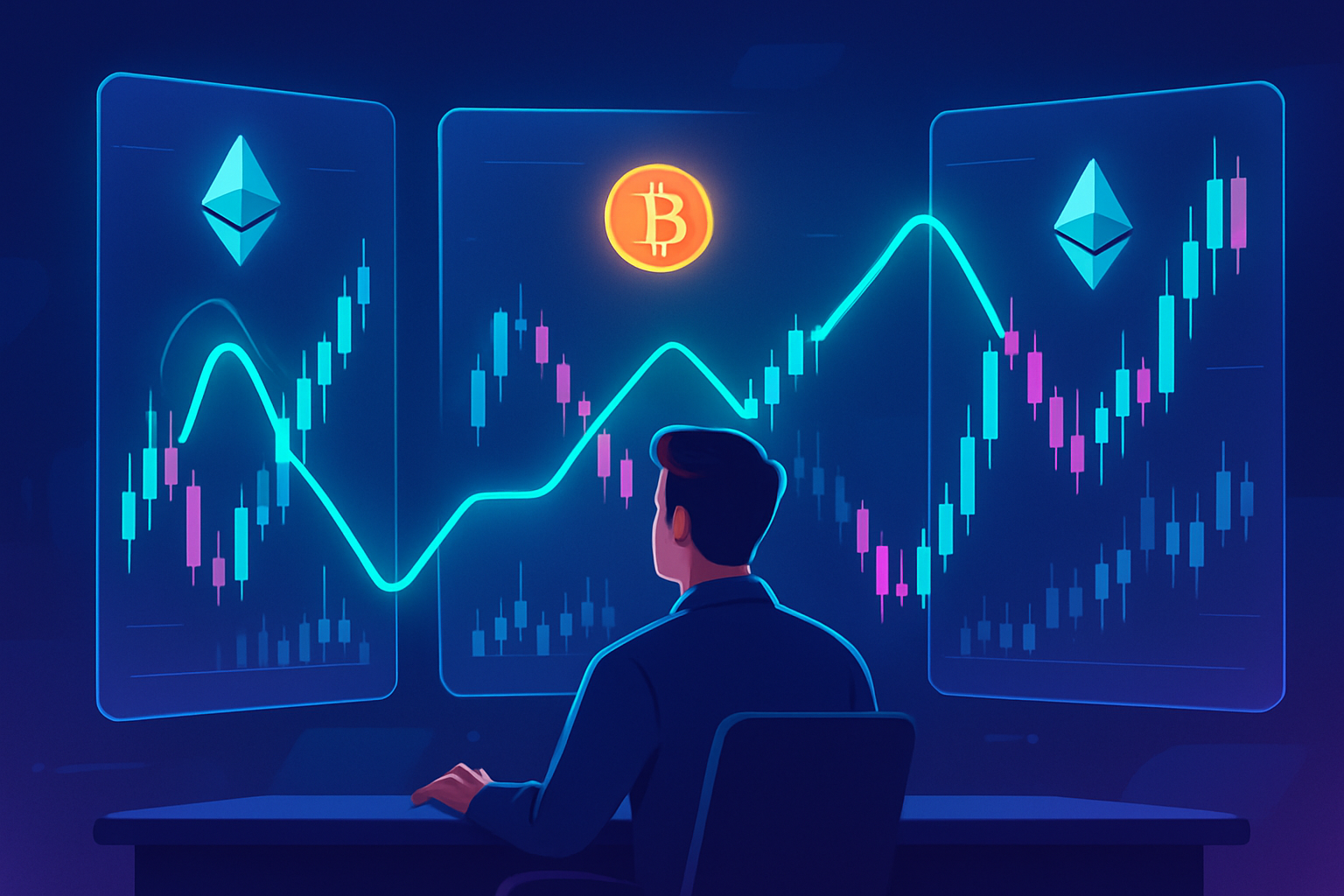 Visualization of a crypto trader monitoring price differences across exchanges to spot arbitrage opportunities.