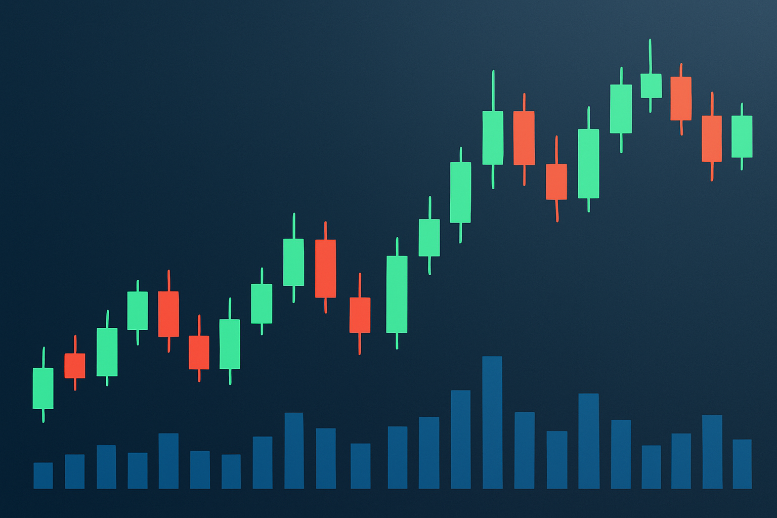 Example of a candlestick chart illustrating candle bodies and wicks, alongside volume bars