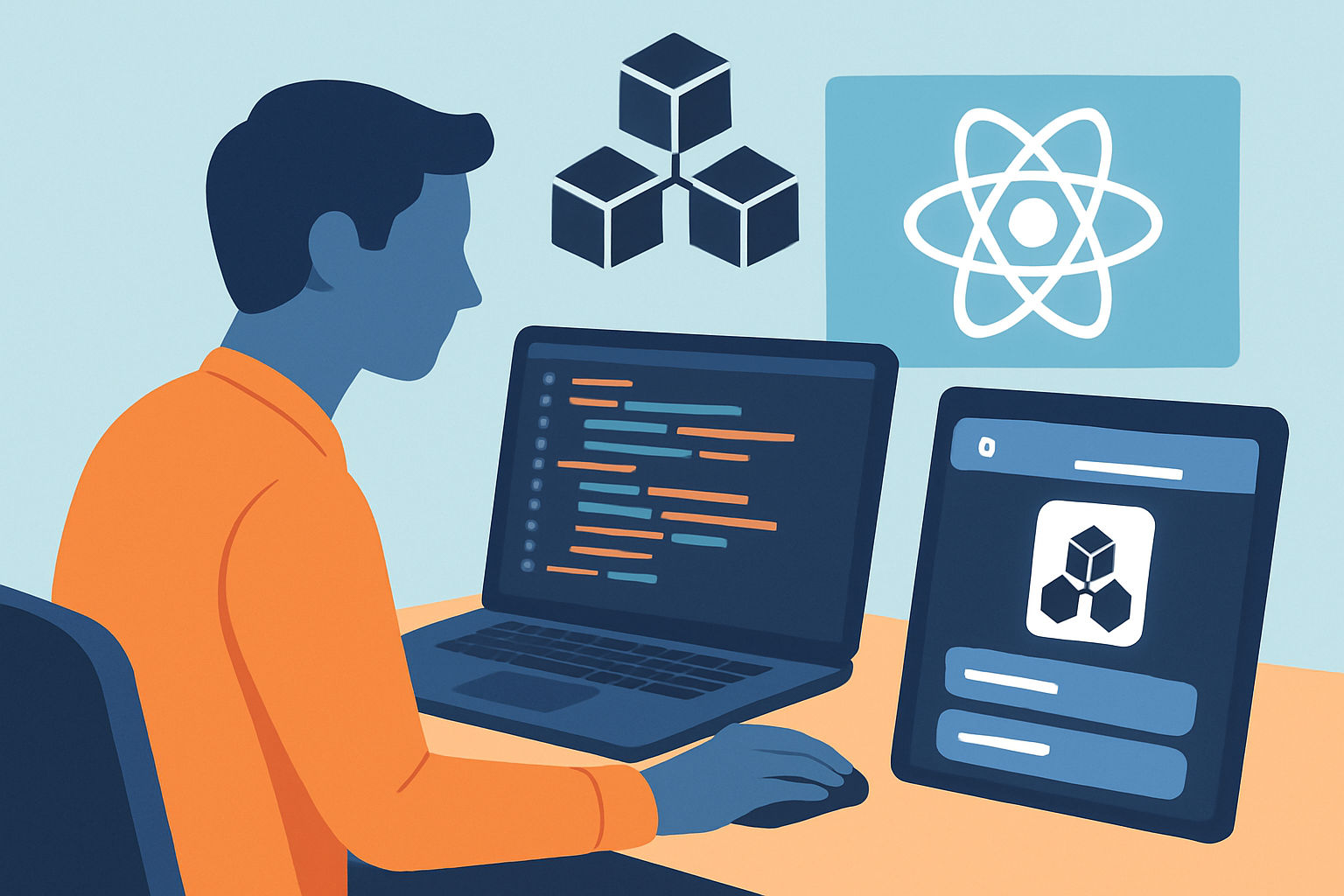Illustration of a developer creating a DApp frontend using React and integrating Web3.js for blockchain communication.