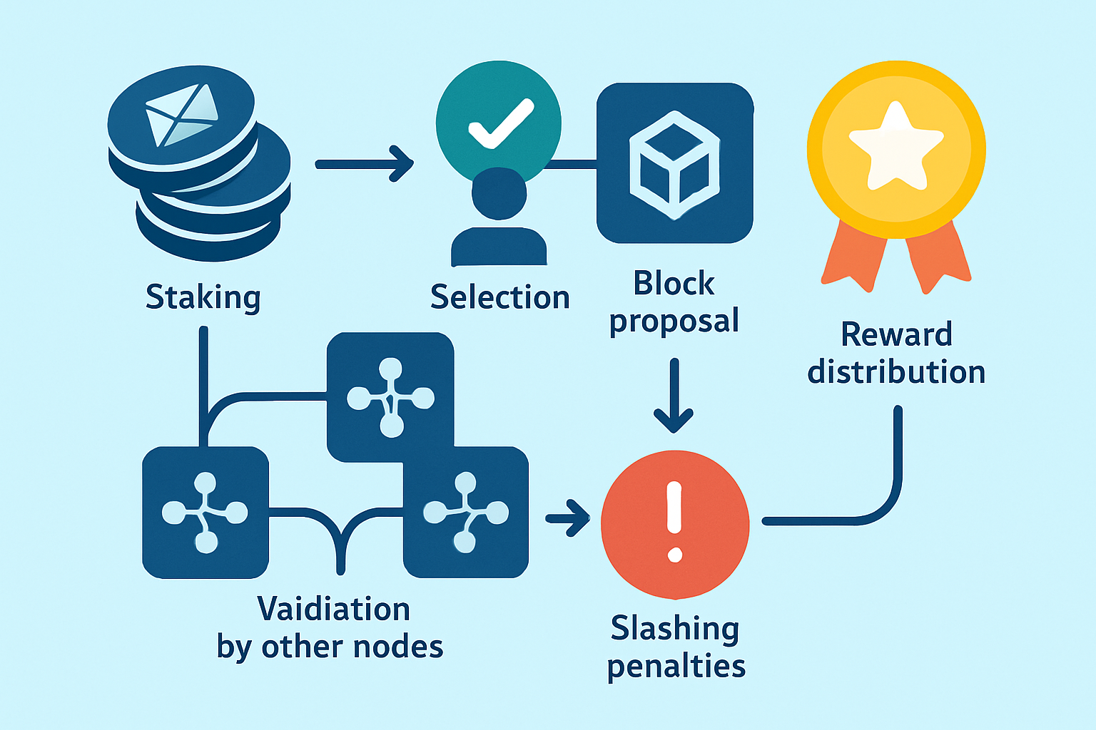 Visual diagram illustrating the Proof of Stake process flow including staking, validator selection, block proposal, validation, and reward distribution