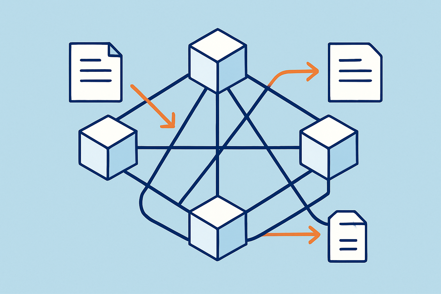 Visual representation of a blockchain’s peer-to-peer network, showing nodes connected directly and sharing ledger updates