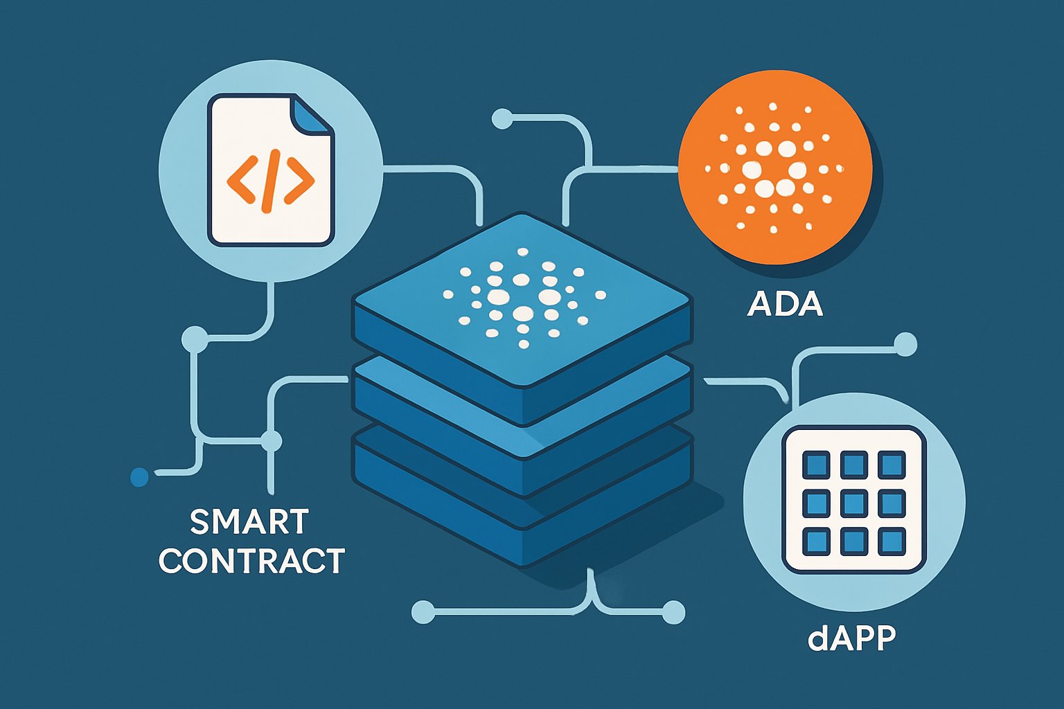 Diagram illustrating Cardano’s two-layer blockchain design with ADA transactions and smart contract capabilities.