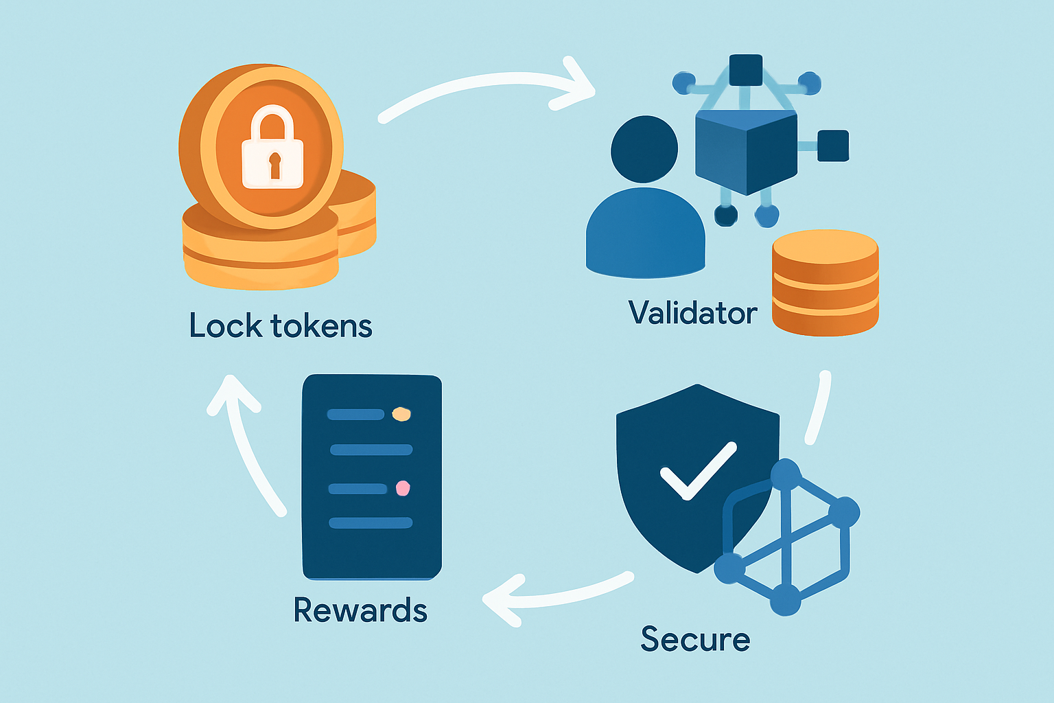 Illustration showing the staking process cycle: locking tokens, validating blocks, earning rewards, network security.