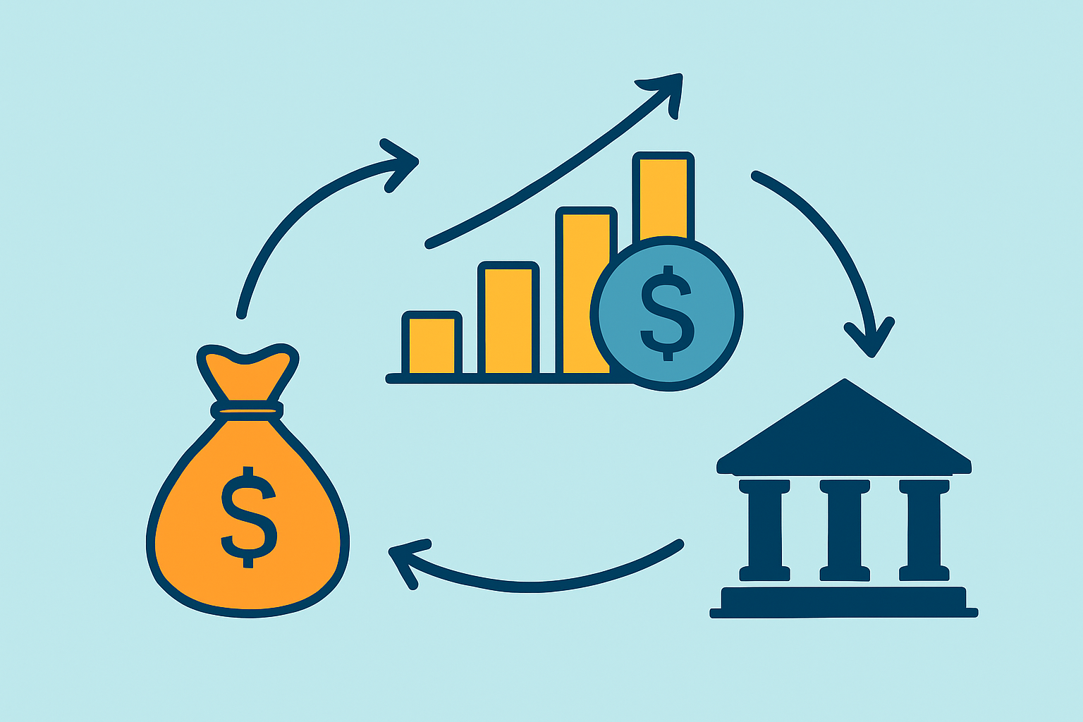 A simple infographic illustrating the carry trade flow: borrowing in low-rate currency, investing in high-rate asset, and earning the interest differential.