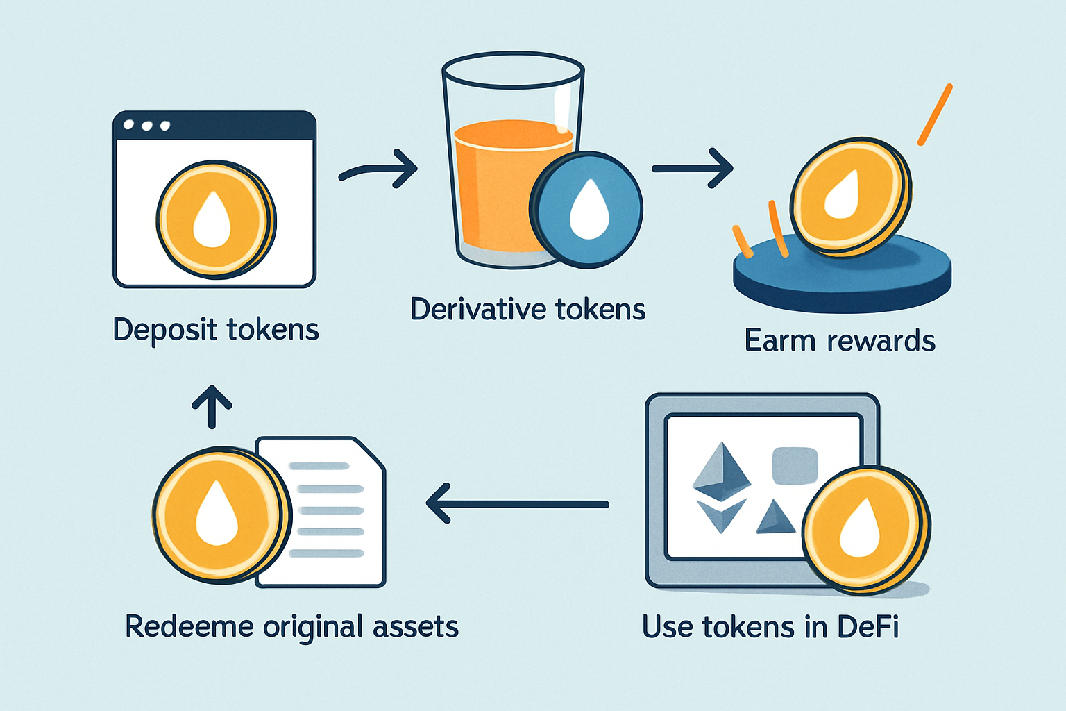 Visual flowchart illustrating the step-by-step process of liquid staking