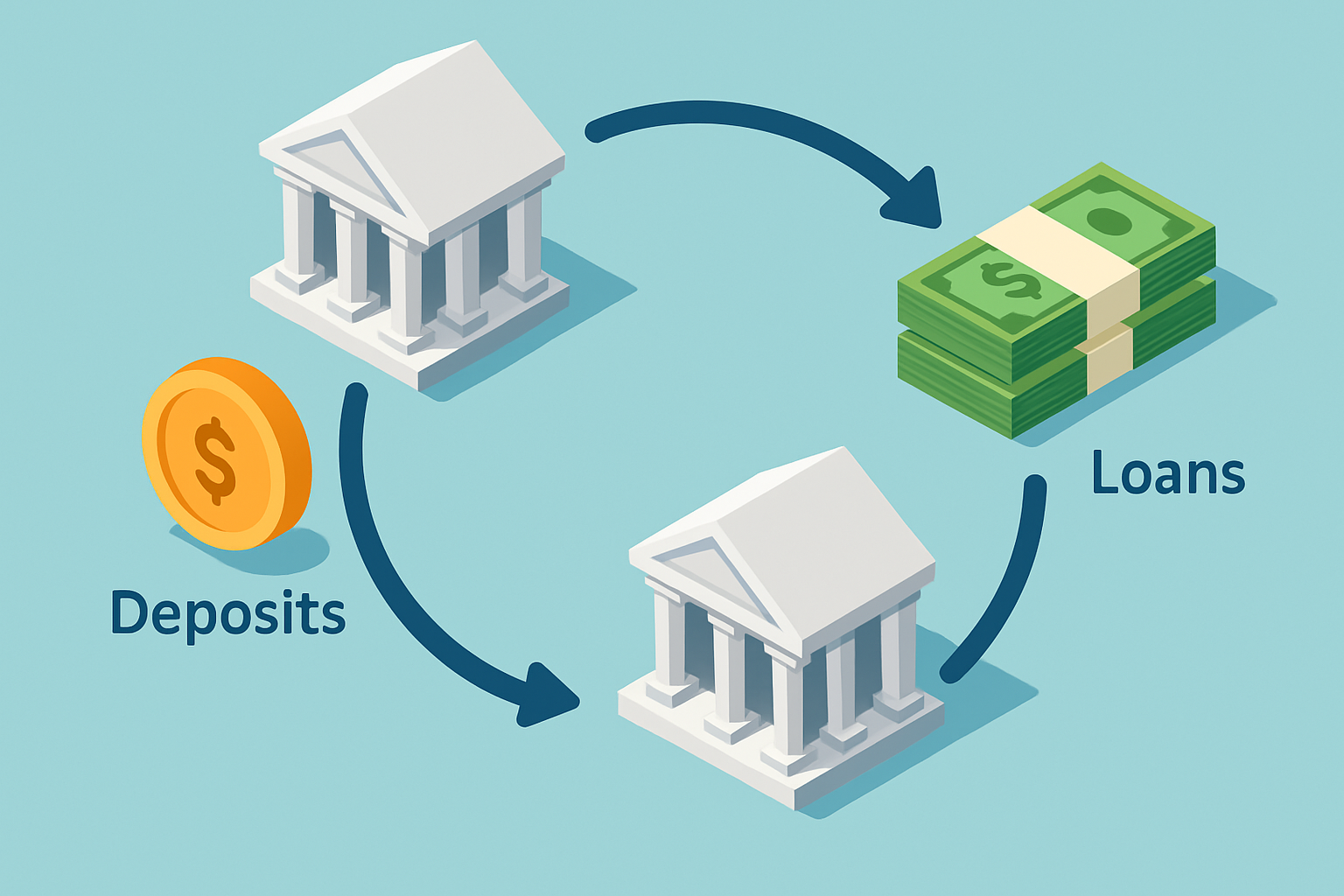 Diagram illustrating the flow of deposits, reserves, loans, and the money creation process within fractional reserve lending.