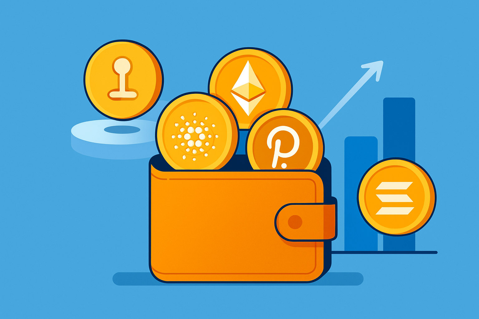 Graphic showing popular staking cryptocurrencies and compatible wallets/platforms for easy user access