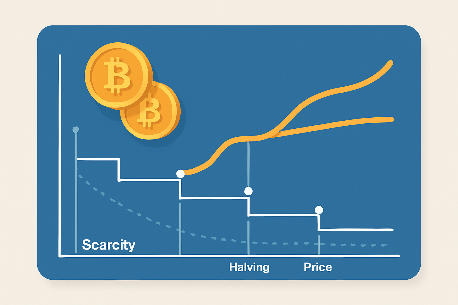 Visual infographic depicting Bitcoin’s stock-to-flow ratio increase after halving events alongside price trends.