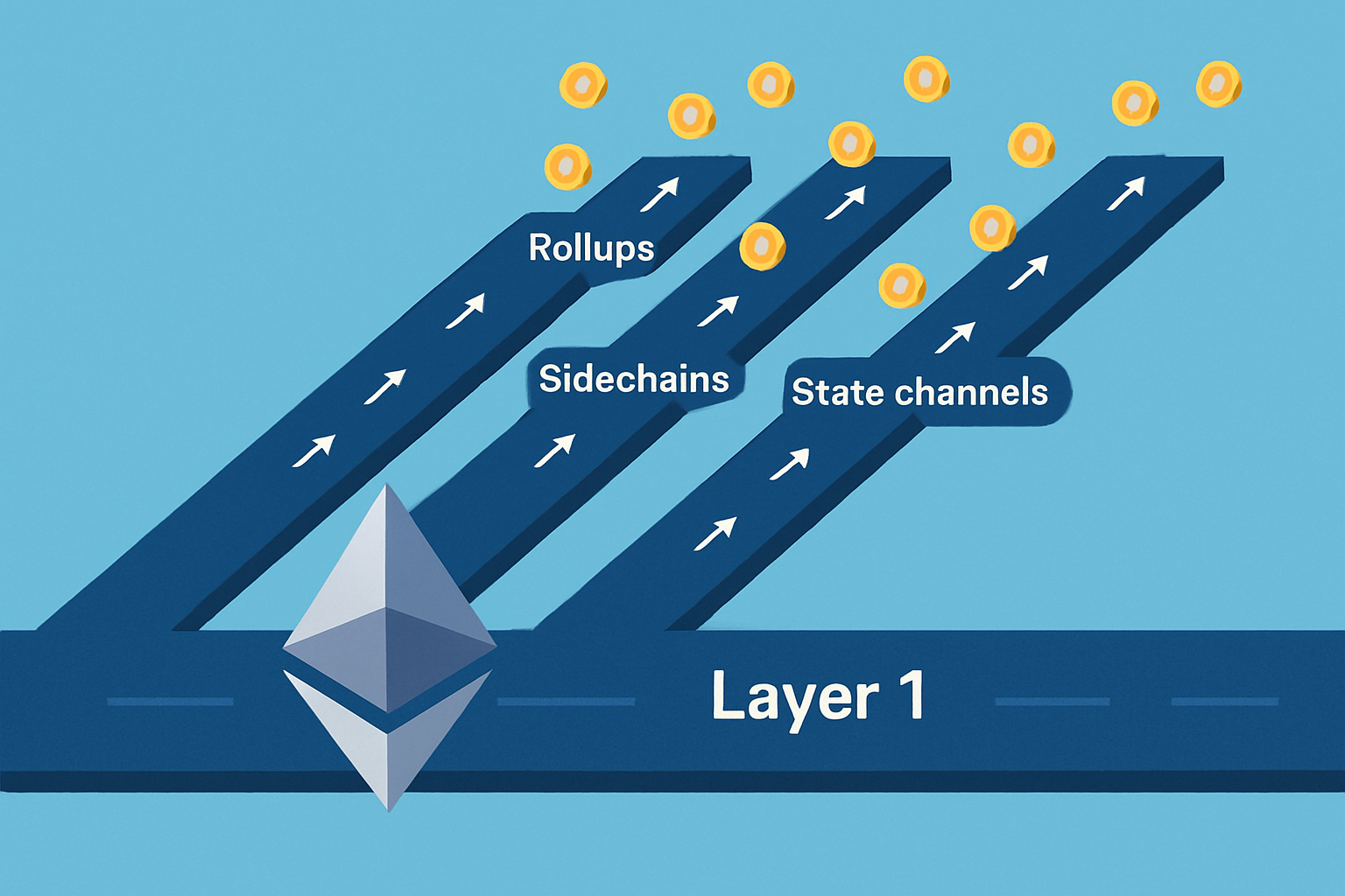 Diagram illustrating how different Layer 2 solutions connect to and scale Ethereum’s main blockchain (Layer 1).