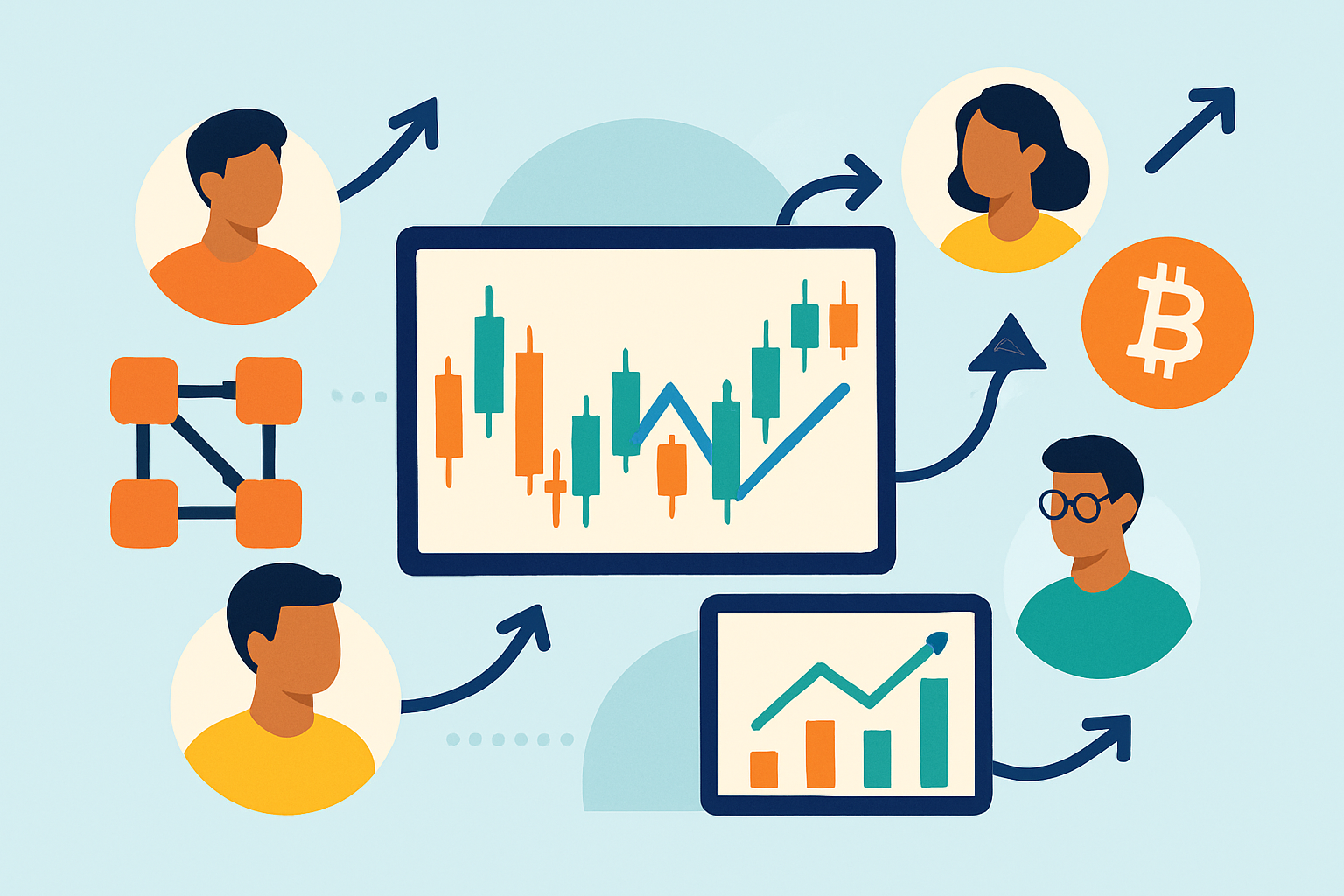 Visual representation of information flow, decision-making, and market dynamics in cryptocurrency trading.