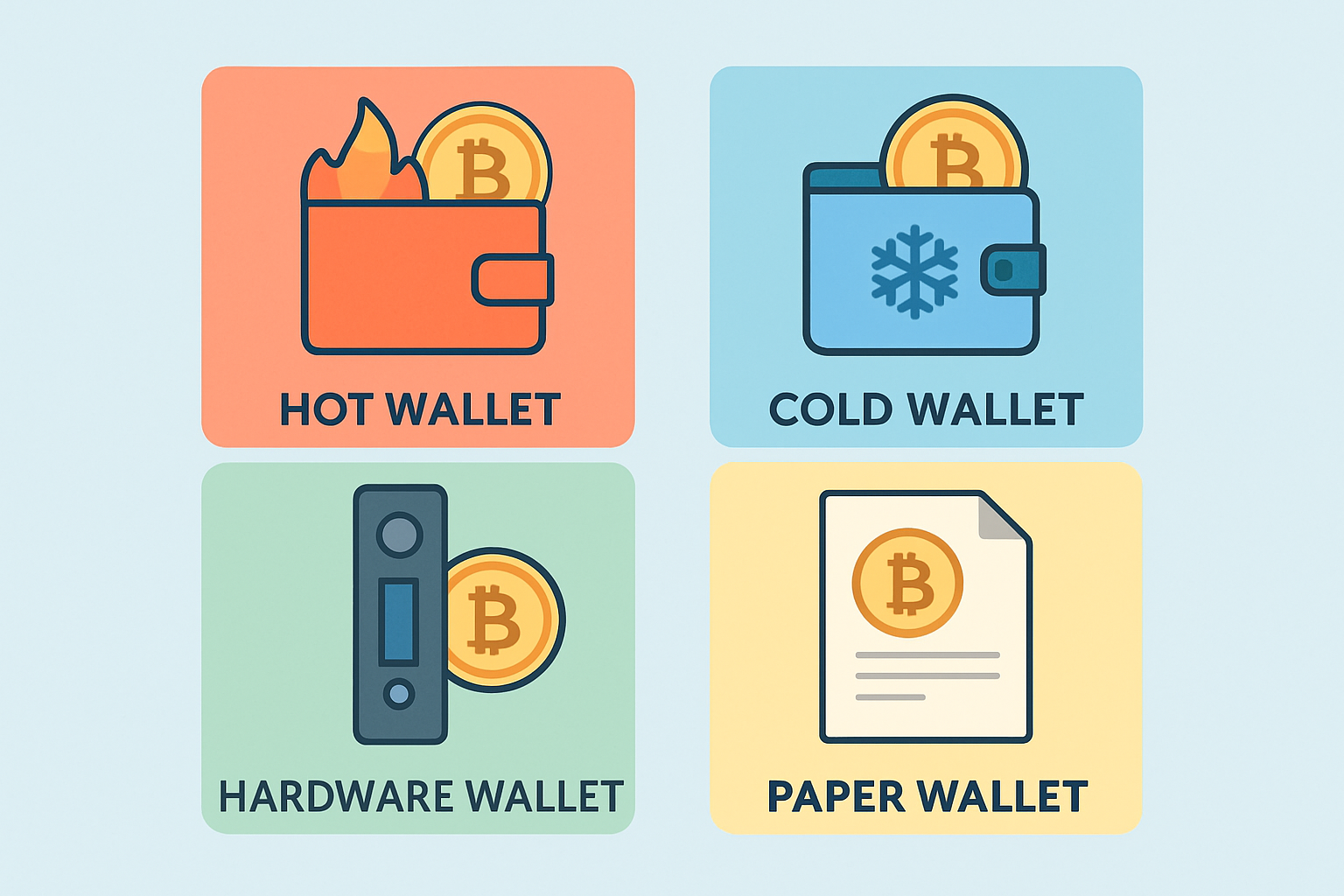 A visual comparison illustrating hot wallets, cold wallets, hardware wallets, and paper wallets, showcasing their pros, cons, and use cases.