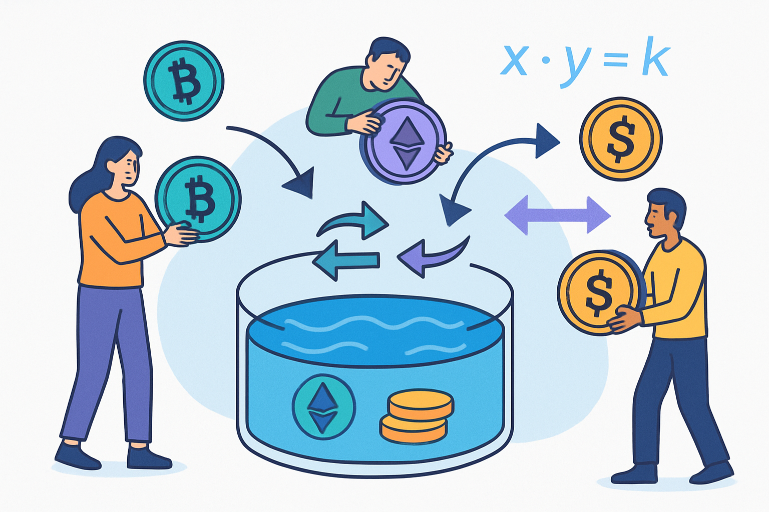 Diagram illustrating how liquidity pools power token swaps on decentralized exchanges using automated market makers