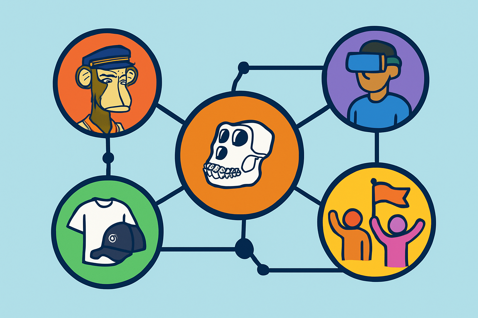 Illustrative graphic depicting the expansion of BAYC’s ecosystem including NFTs, spin-offs, metaverse integration, and merchandise