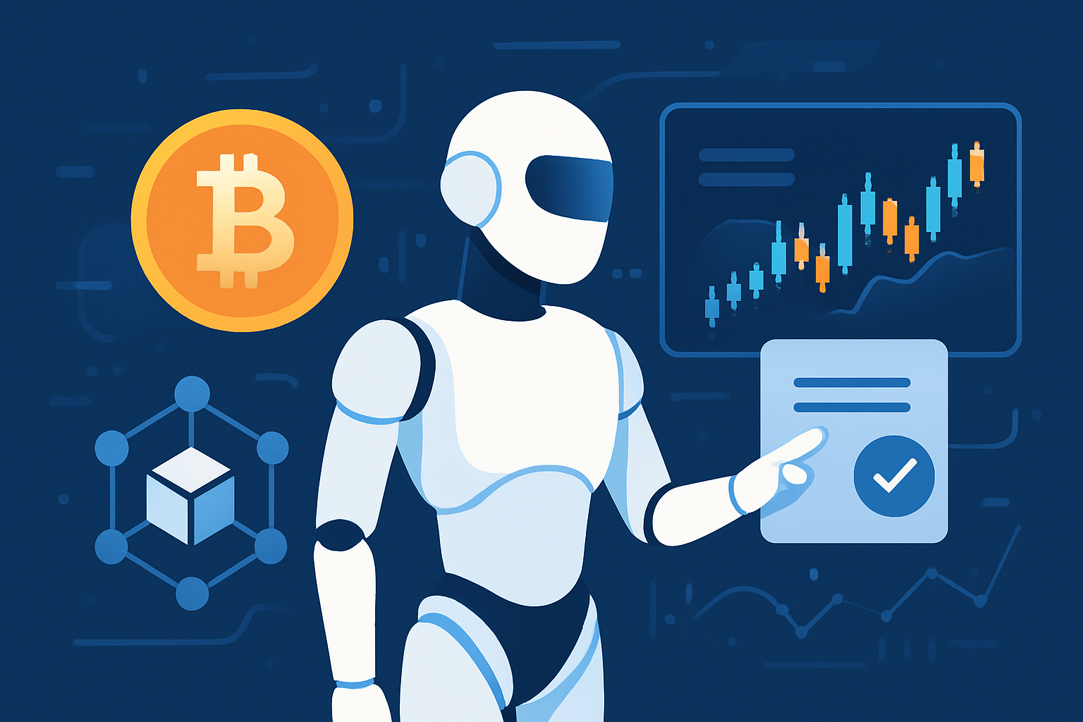 Visual representation of an AI agent managing crypto assets and interacting with blockchain protocols.